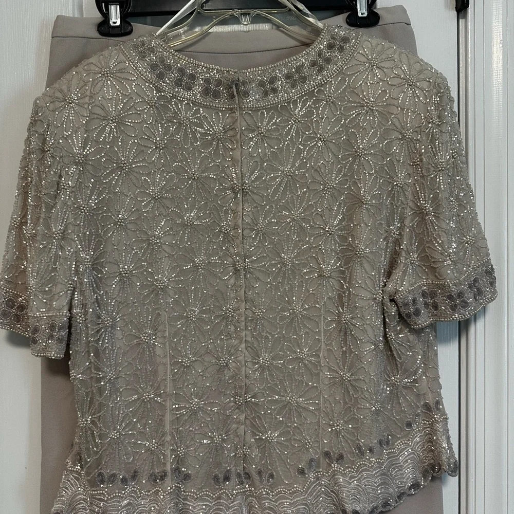 Mother of Bride Wedding Dress Adrianna Papell Taupe Beaded Top and Long Skirt 18 - Picture 6 of 12